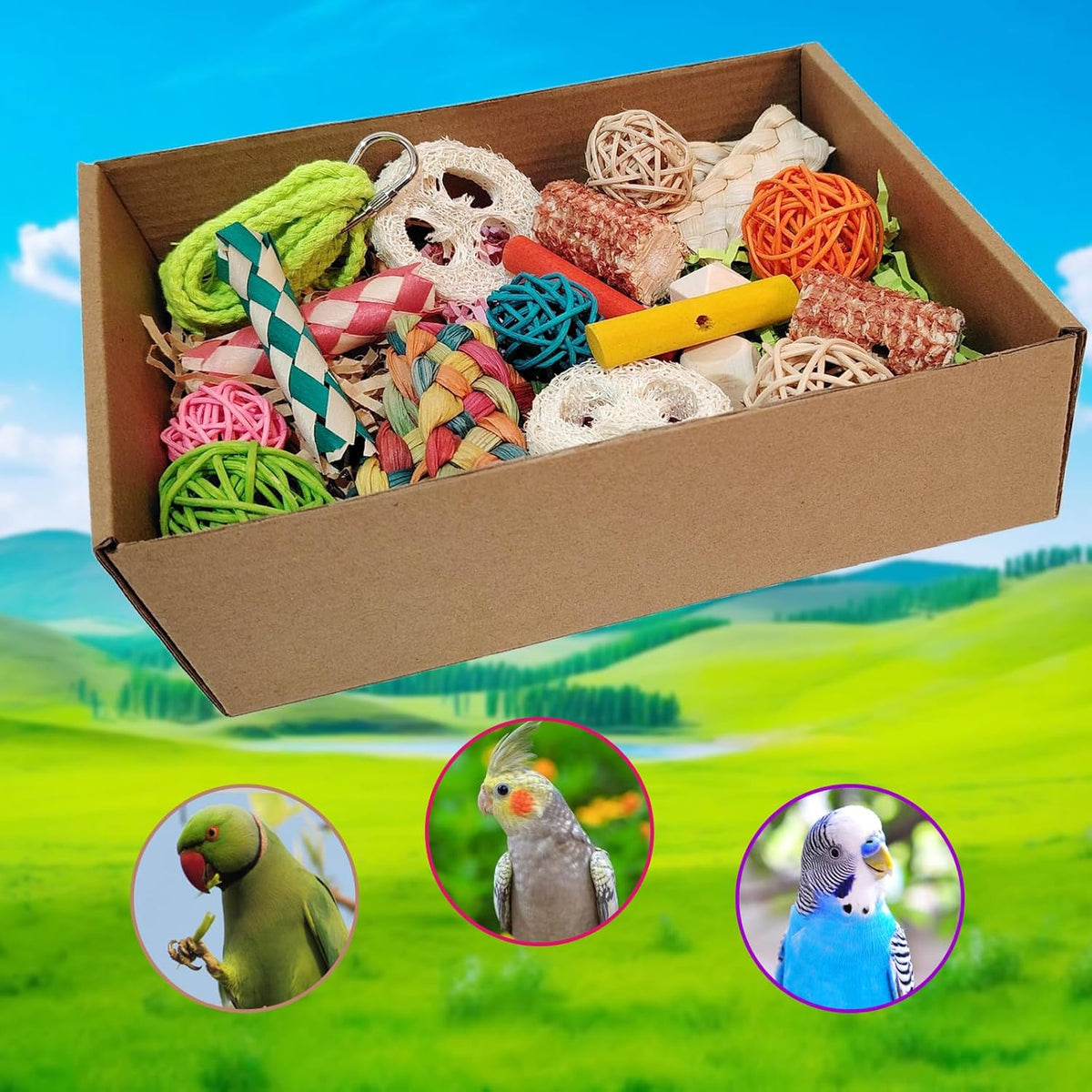 Small and medium parrot enrichment toy box showcasing food safe colored wooden beads and sticks