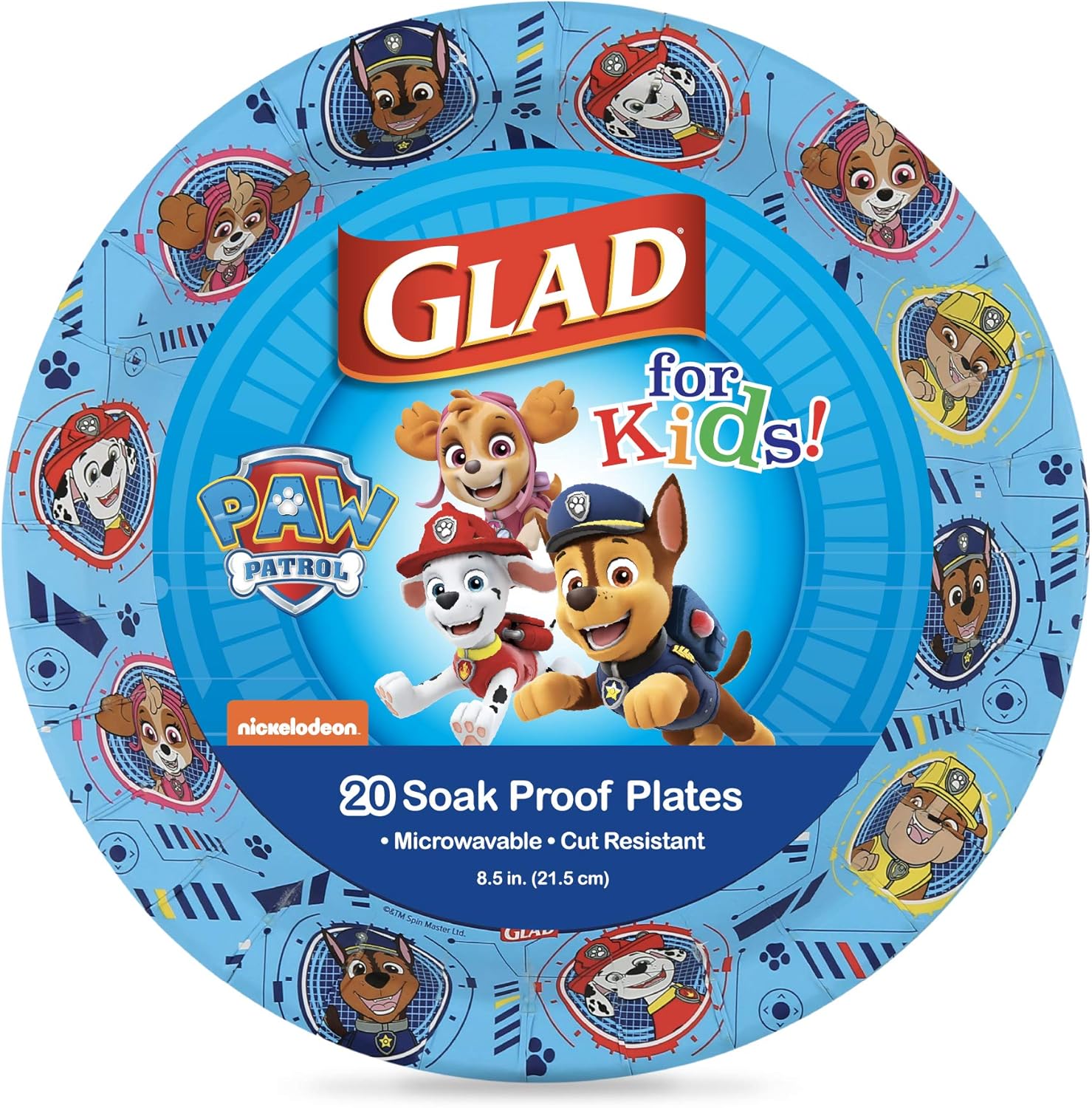 Glad Paw Patrol paper plates front view with Chase and Marshall characters.