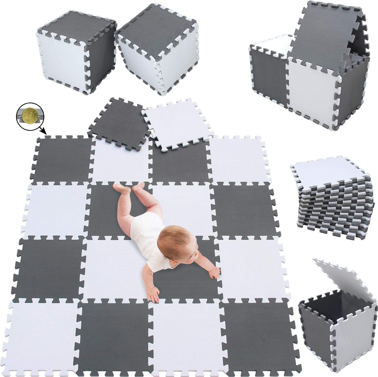 Meiqicool 18 piece white and grey interlocking foam play mat front view