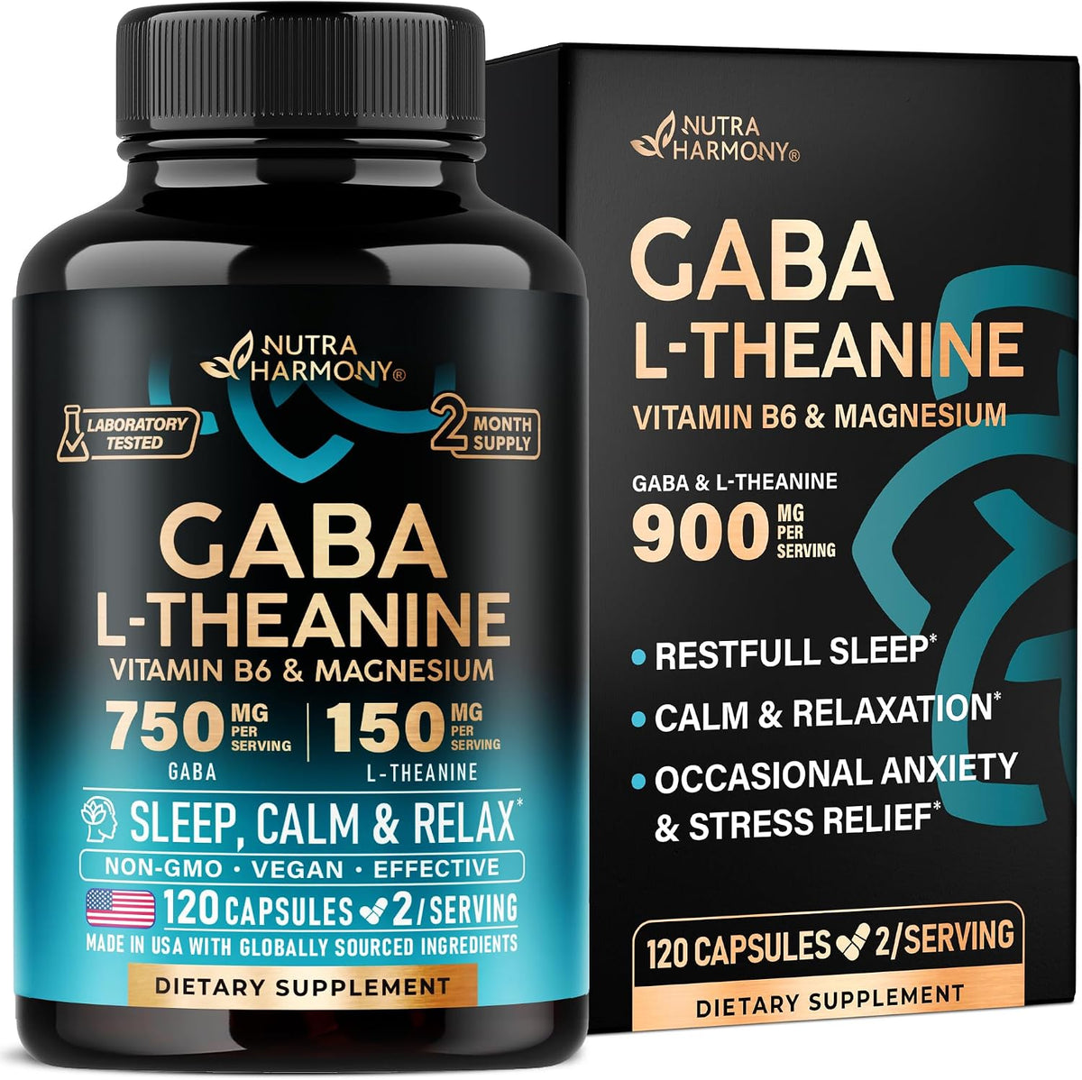 NutraHarmony GABA L-Theanine supplement front view bottle