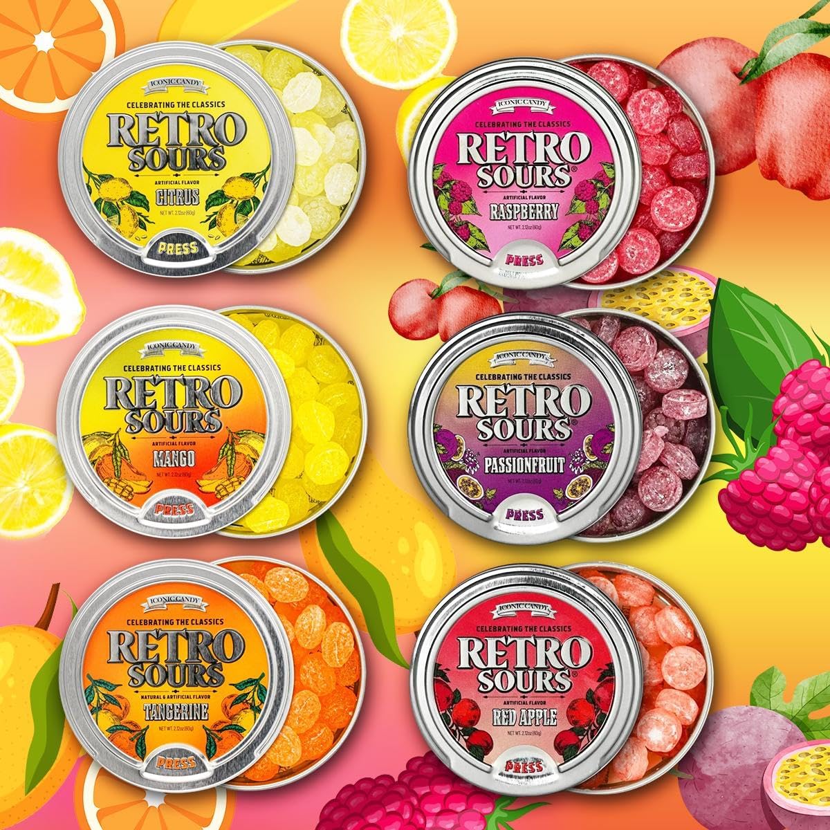 Retro Sours Hard Candy Variety Pack front view of six vintage tins
