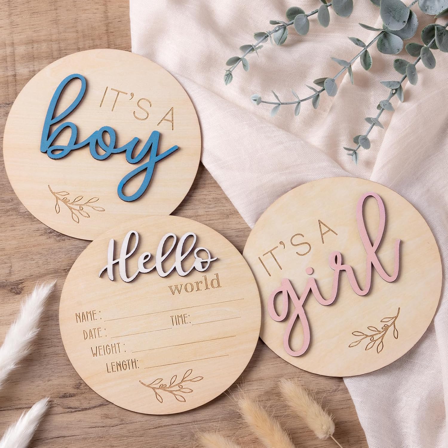 Giftacity gender reveal baby birth announcement sign 3 piece set front view showing wood discs
