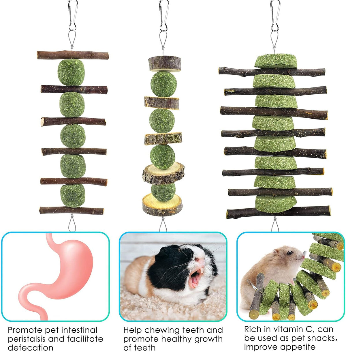 Three pieces of organic rabbit molar toys for teeth grinding