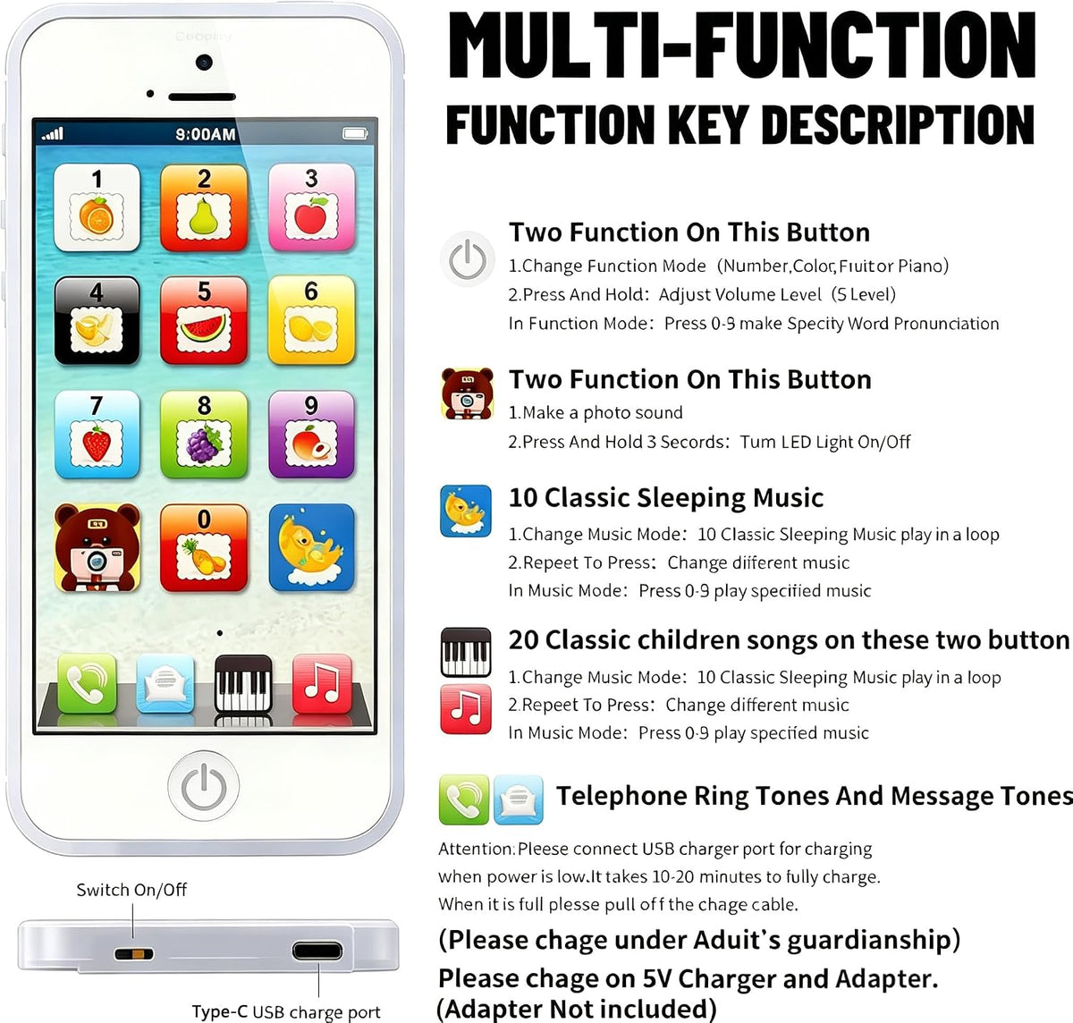 Cooplay White Smart Phone Toy Music Lullaby YPhone Song Touch Screen USB Recharable Cell Phone Learning English Mobile for Toddler Child Christmas - Image 2
