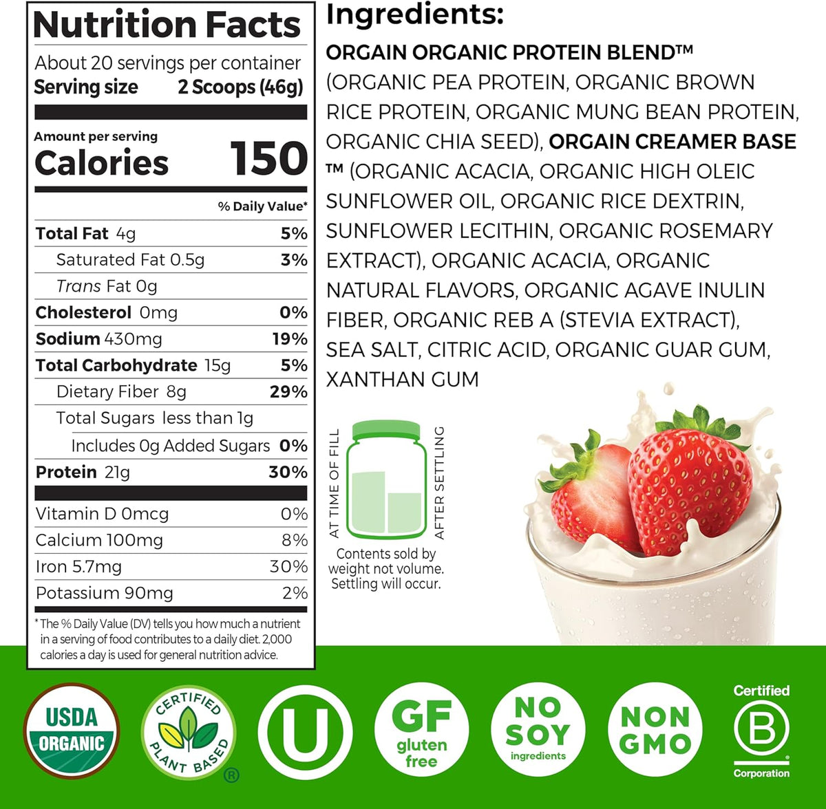 Orgain protein powder 21 grams protein nutritional label