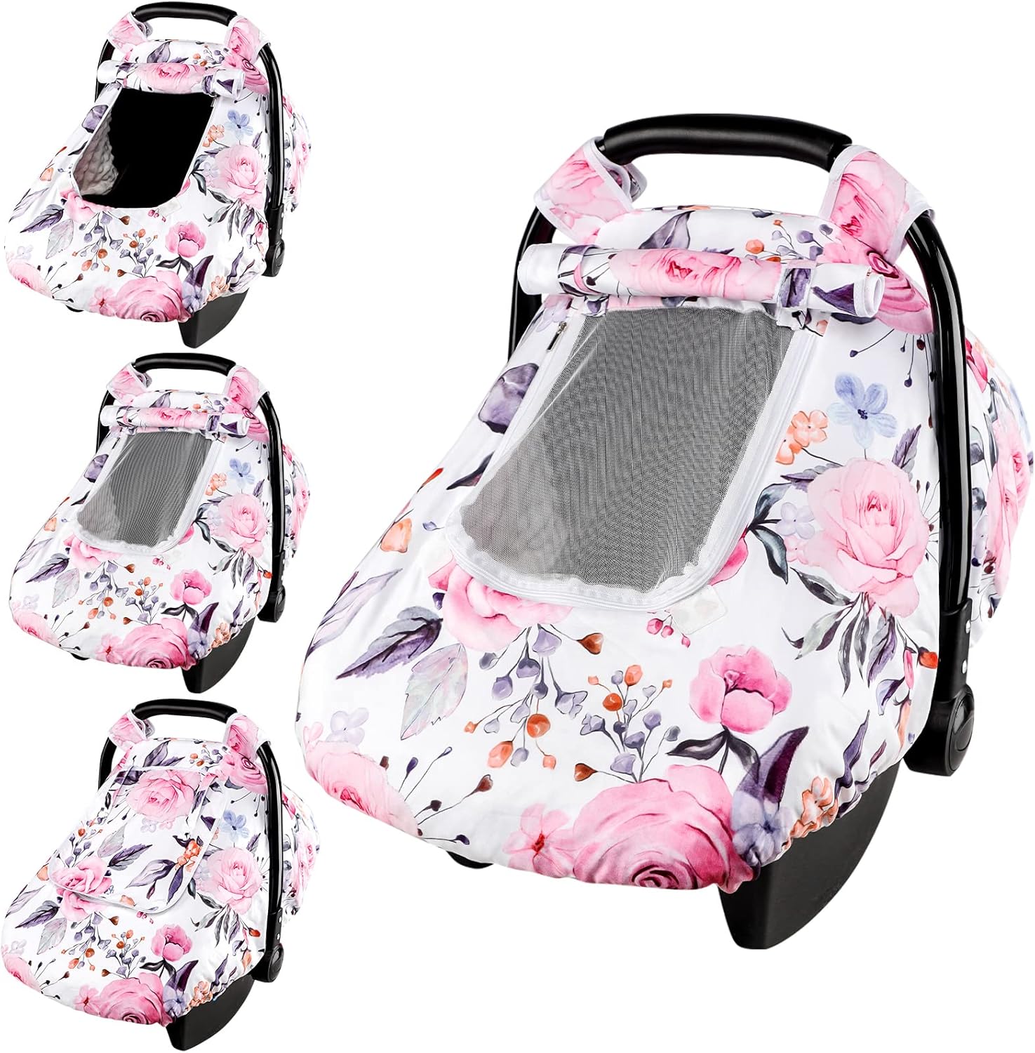 Pea Pod floral baby carseat cover front view showcasing pink rose pattern.