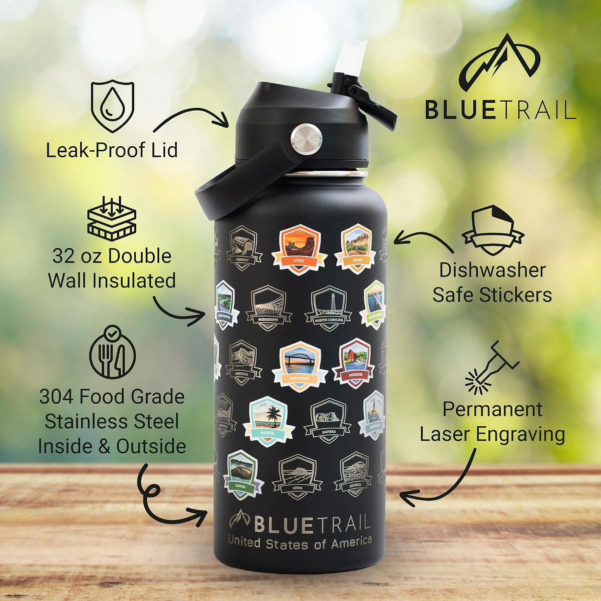 BlueTrail travel water bottle showcasing the leak-proof straw lid