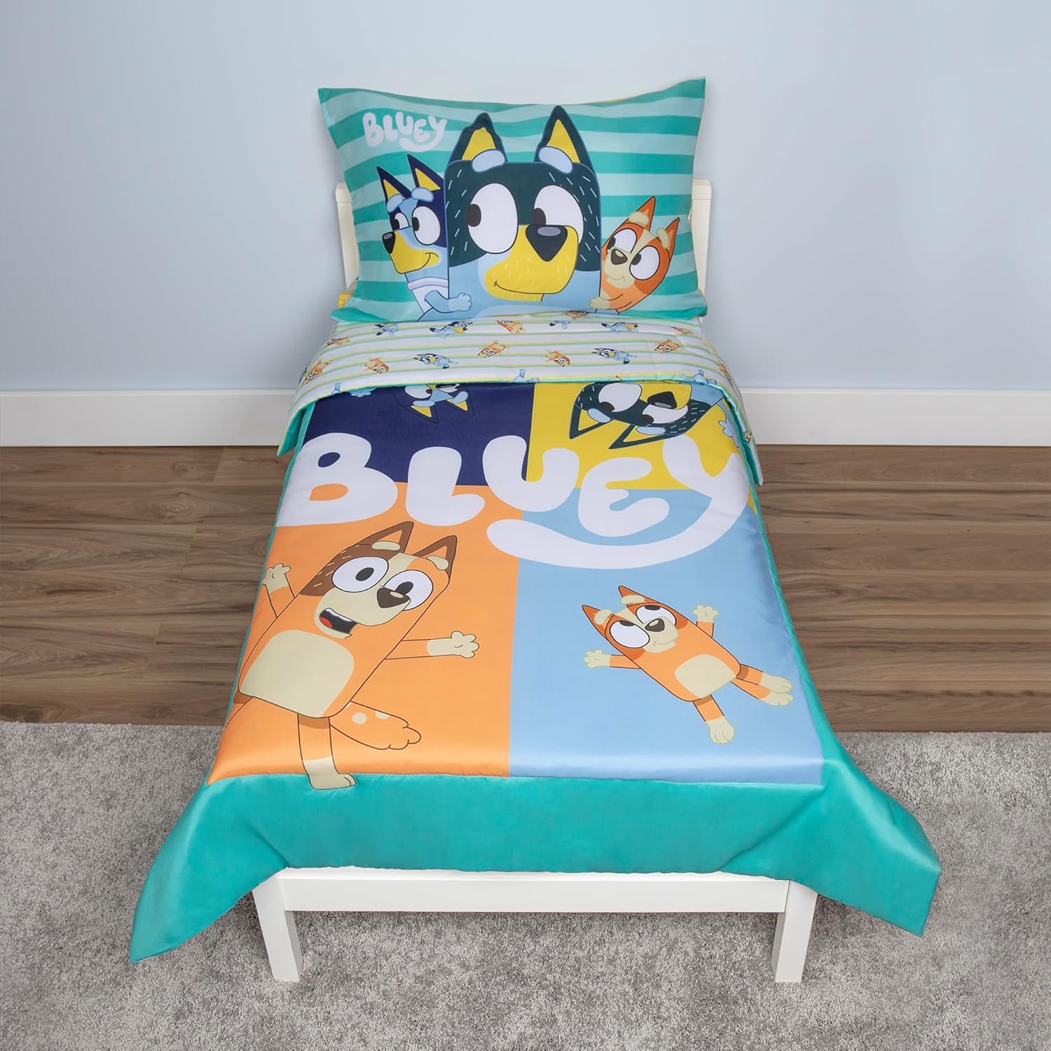 Bluey brand toddler bedding set front view showcasing the blue comforter with characters