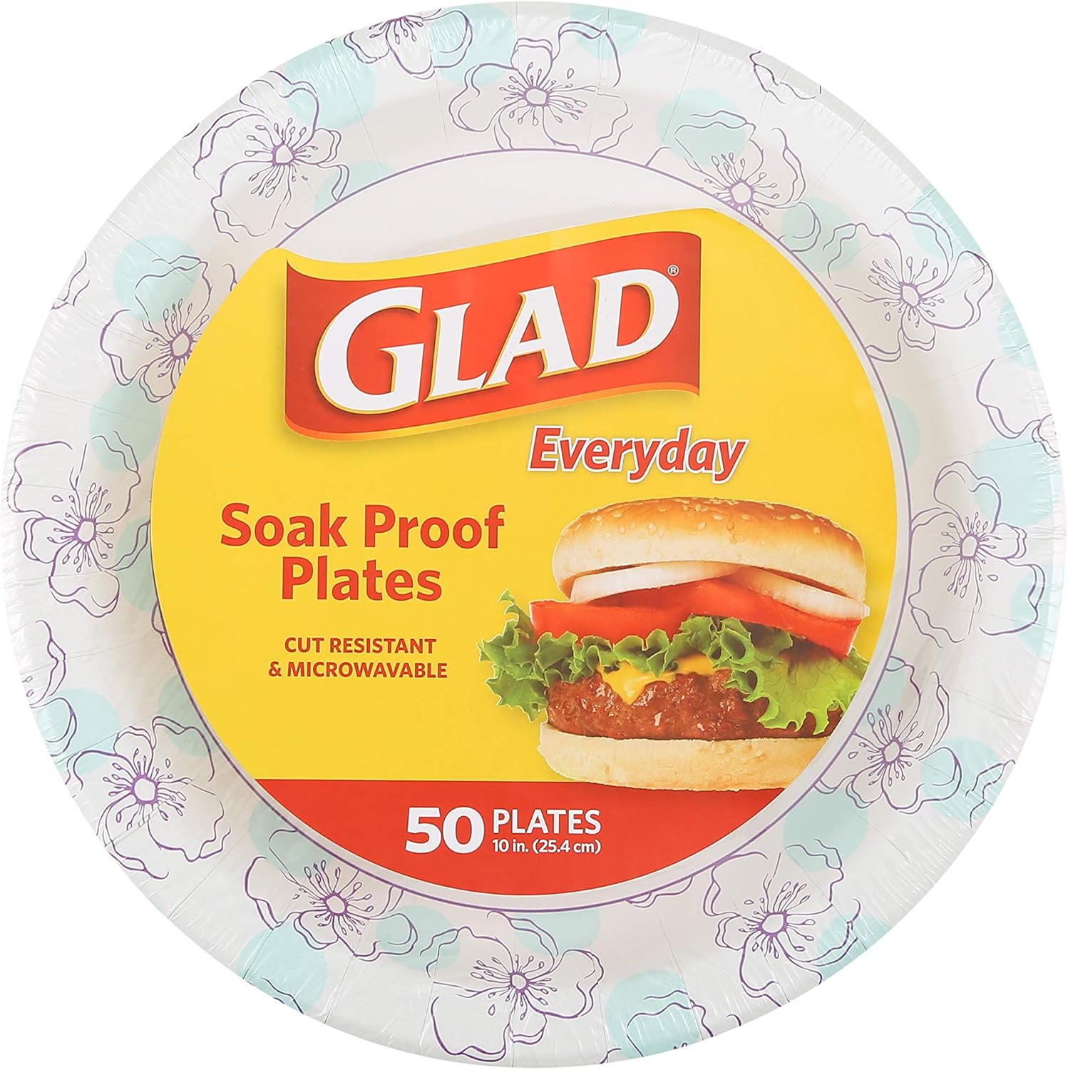 Glad Everyday Blue Flower paper plates front view 50 count pack