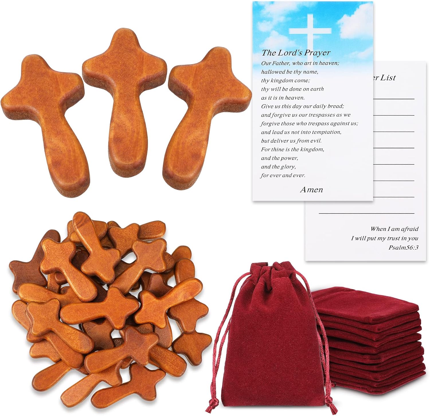 Queekay small wooden handheld prayer pocket crosses front view bulk religious gifts