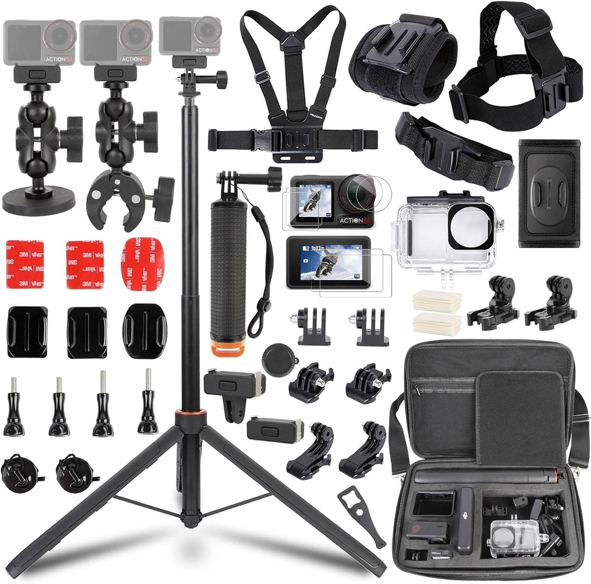 PellKing Accessories Kit for DJI Osmo Action 5 Pro front view displaying the premium carrying case and full component layout.