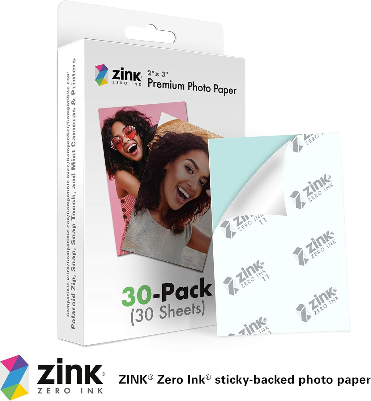 Zink 2x3 photo paper pack showing zero ink technology label