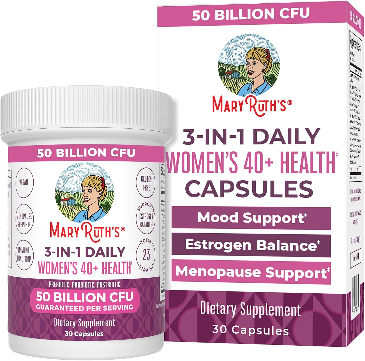 MaryRuth's 3-in-1 Daily Health 40+ Probiotics for Women front view bottle packaging