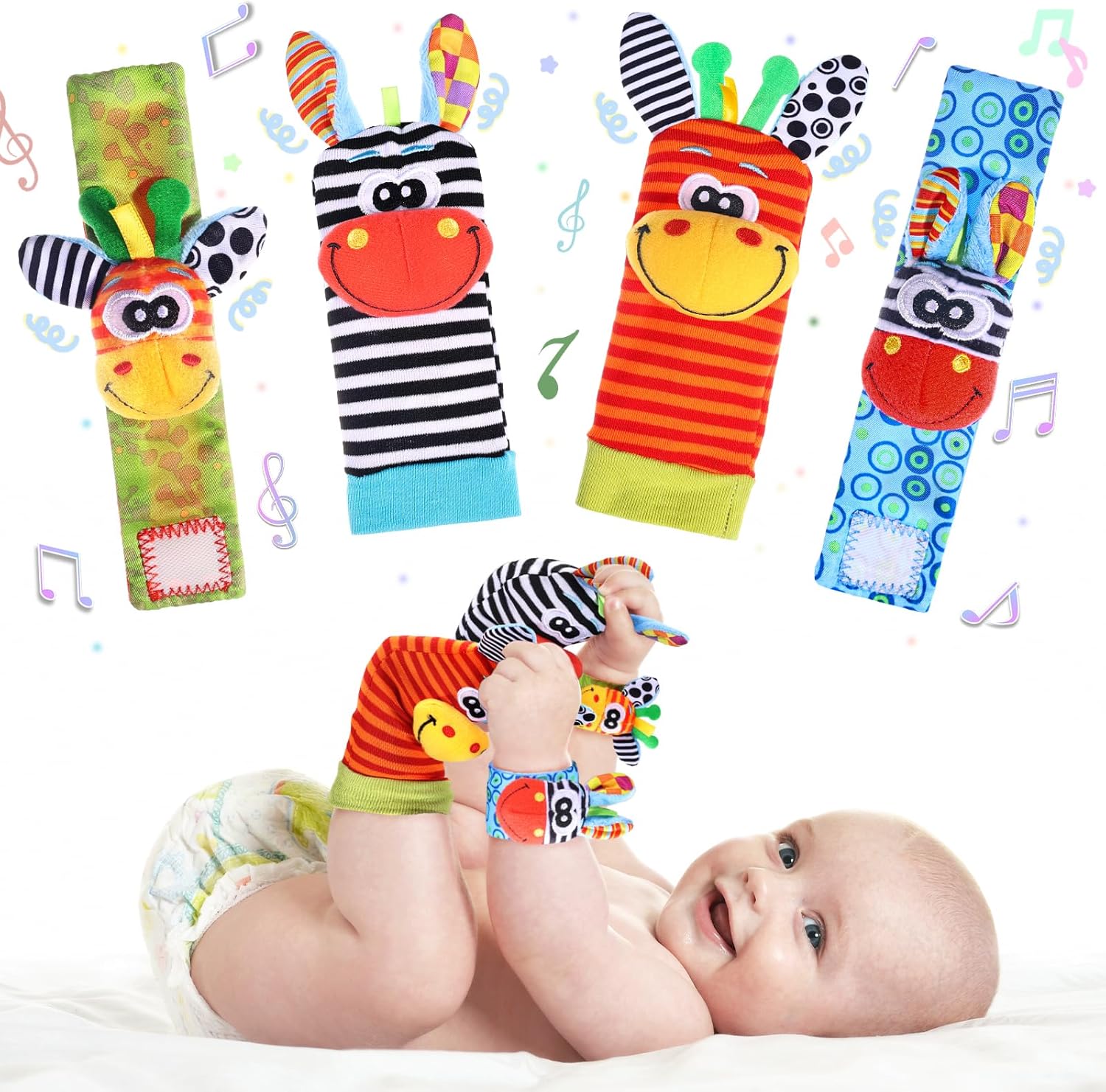 PADONISE baby wrist rattle and foot finder socks set front view sensory toys