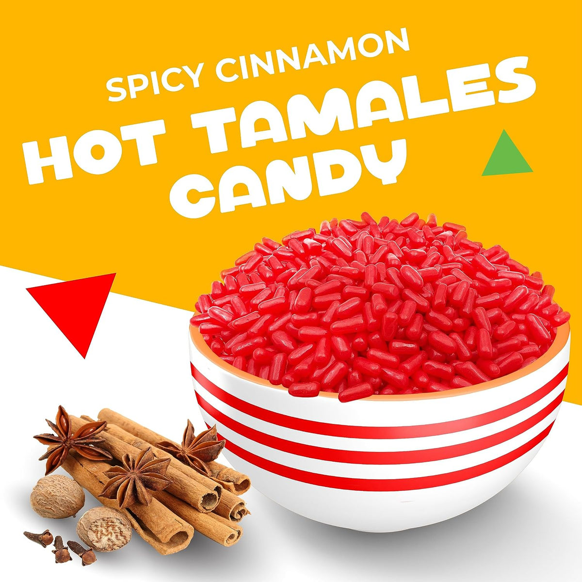 Handful of spicy cinnamon candies spilling from bag