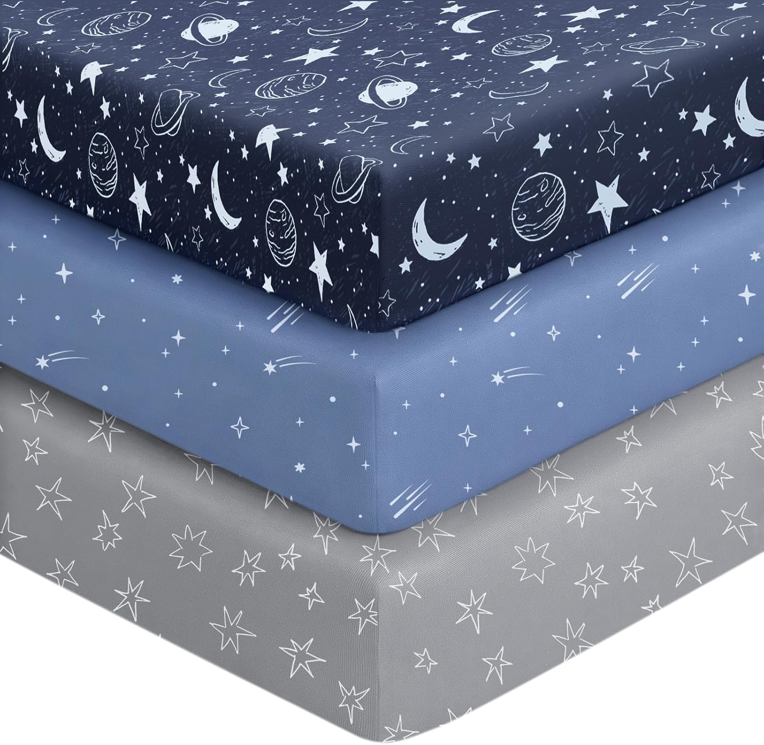 Unnivoll 3-pack baby crib sheets in blue gray planet theme front view