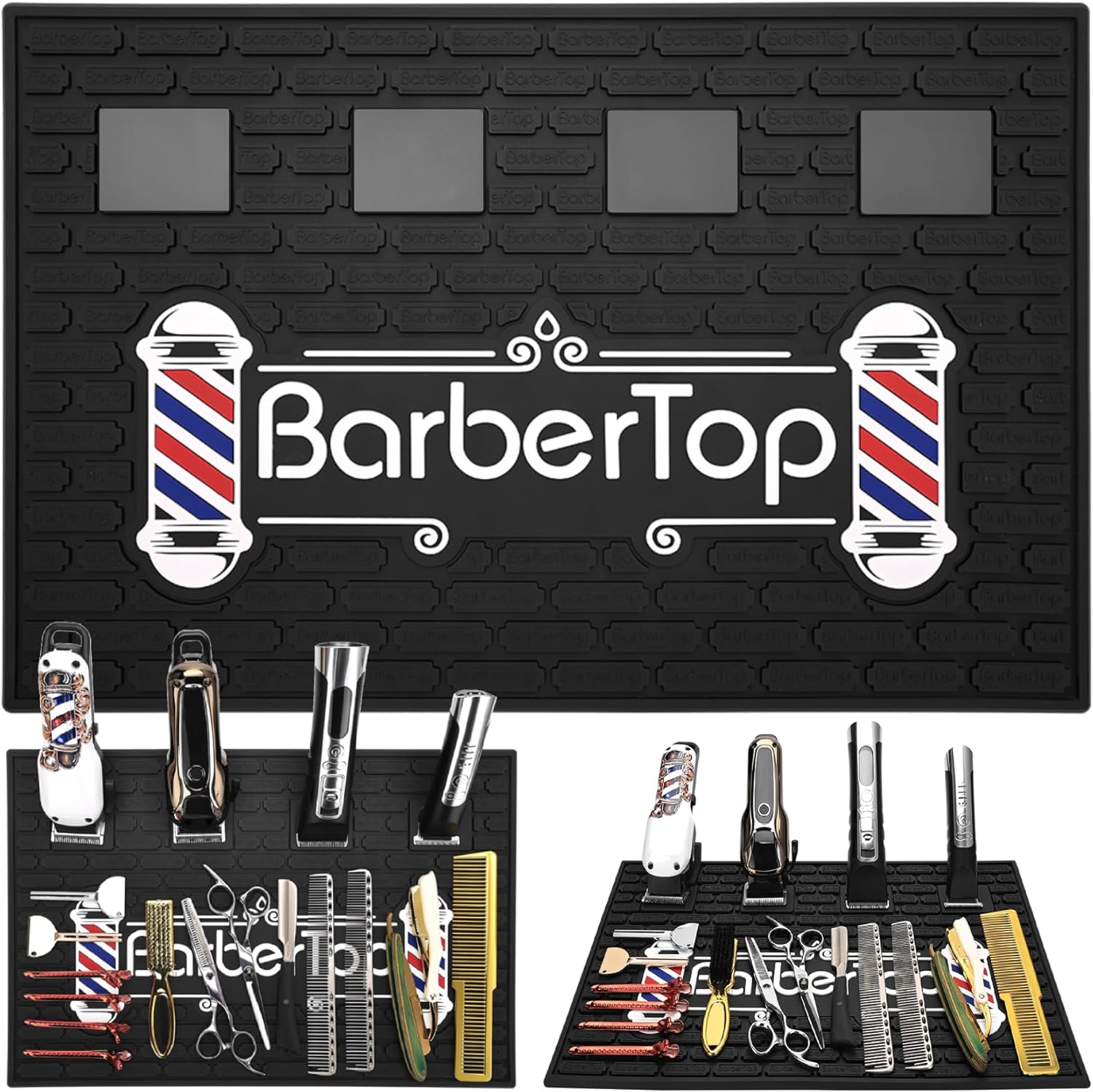 BARBERTOP Magnetic Barber Mat front view showcasing four clipper organization stations on a salon counter.