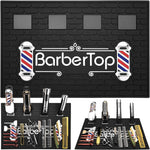 BARBERTOP Magnetic Barber Mat front view showcasing four clipper organization stations on a salon counter.