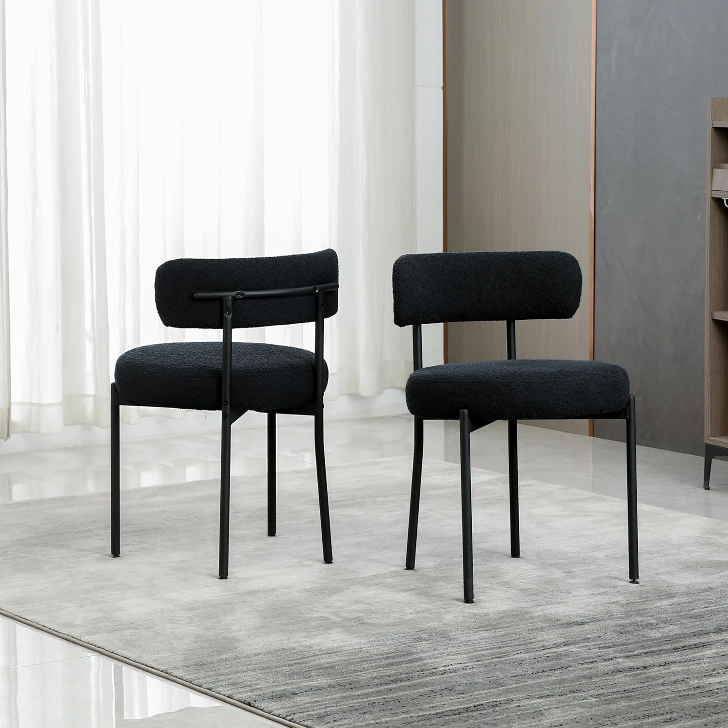 DYHOME Black Boucle Dining Chairs front view showing mid-century modern design