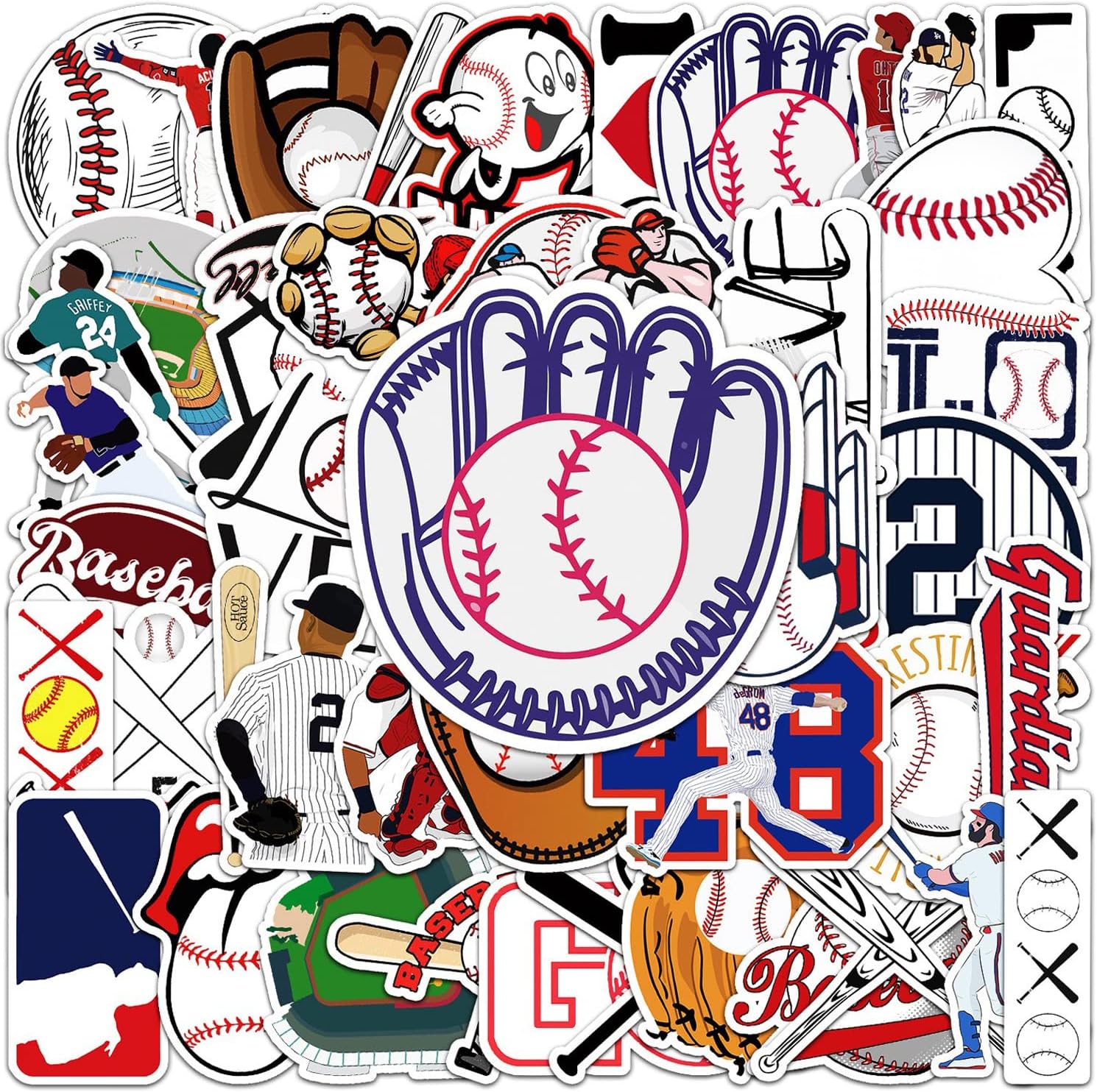 JOICEE 50 Piece Baseball Stickers front view showcasing an assortment of unique colorful sports vinyl decals.