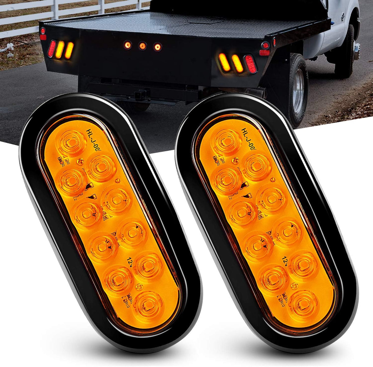 Nilight 6 Inch Oval Amber LED Trailer Tail Lights pair showing the front view of the high intensity ten SMD LED clusters.