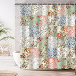 Mocsicka boho shower curtain front view showing pink floral patchwork design.