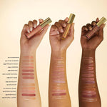 Rosewood and Soft Rose Milani lip plumper gloss shades swatched on fair to deep skin tones.