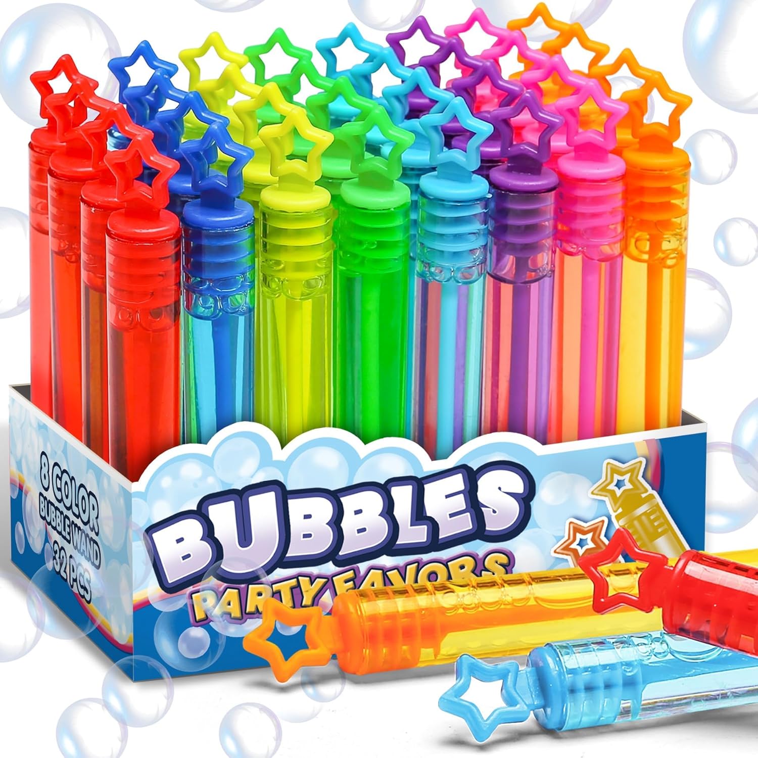 Cawiew 32 piece neon star bubble wands set front view in box