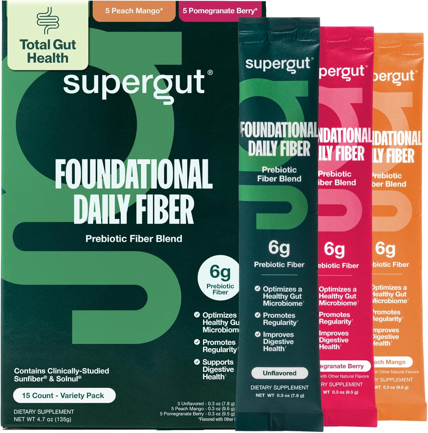 Supergut Foundational Daily Fiber, Vegan & Sugar Free Prebiotic Powder Blend for Gut Health & Digestive Support, Plant Based Supplement for Men & Women with 6g of Fiber, Variety Pack, 15 Stick Packs - Image 1