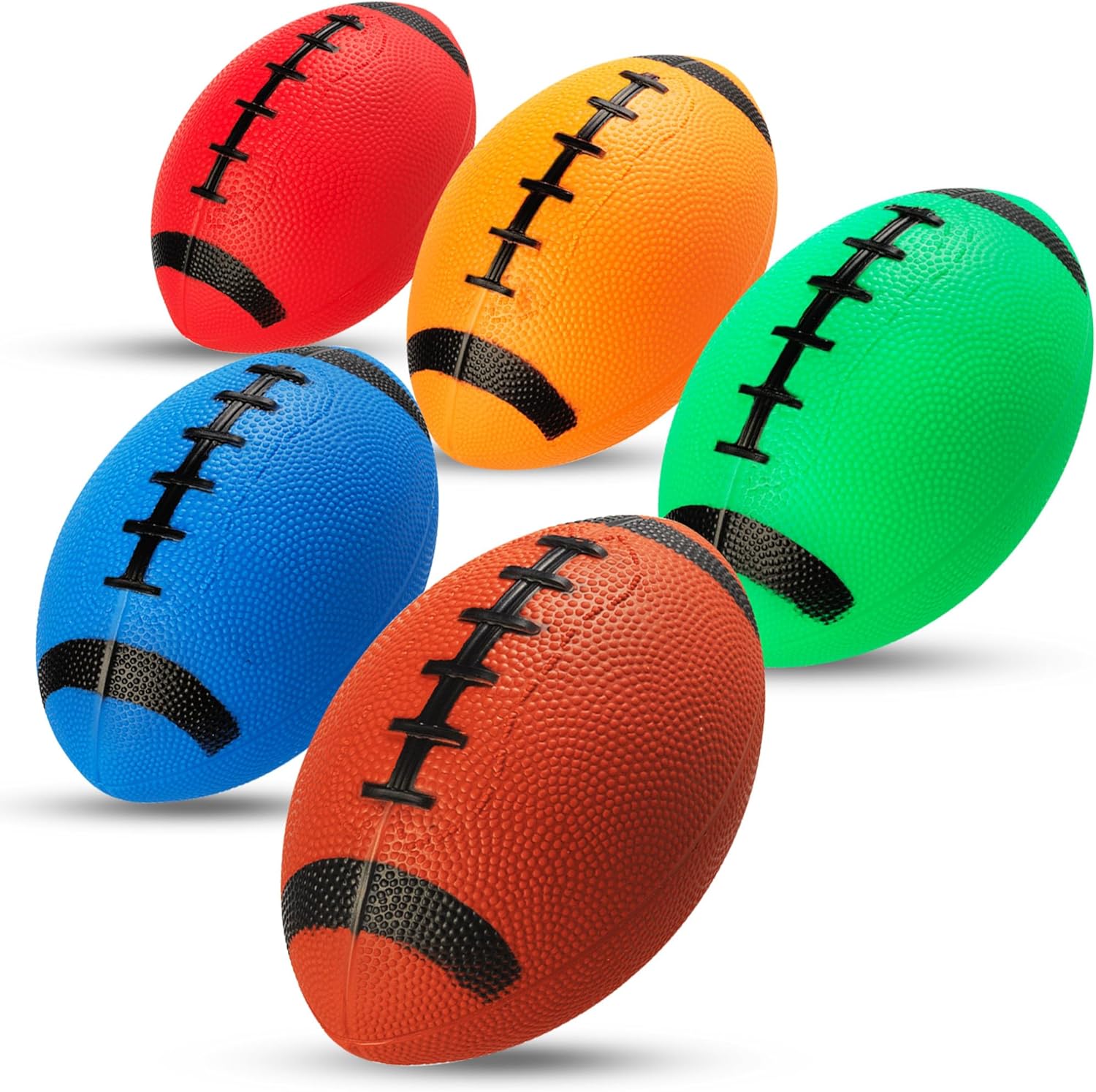 PlayBolt mini footballs for kids front view showing the pack of five colorful inflatable sports balls.