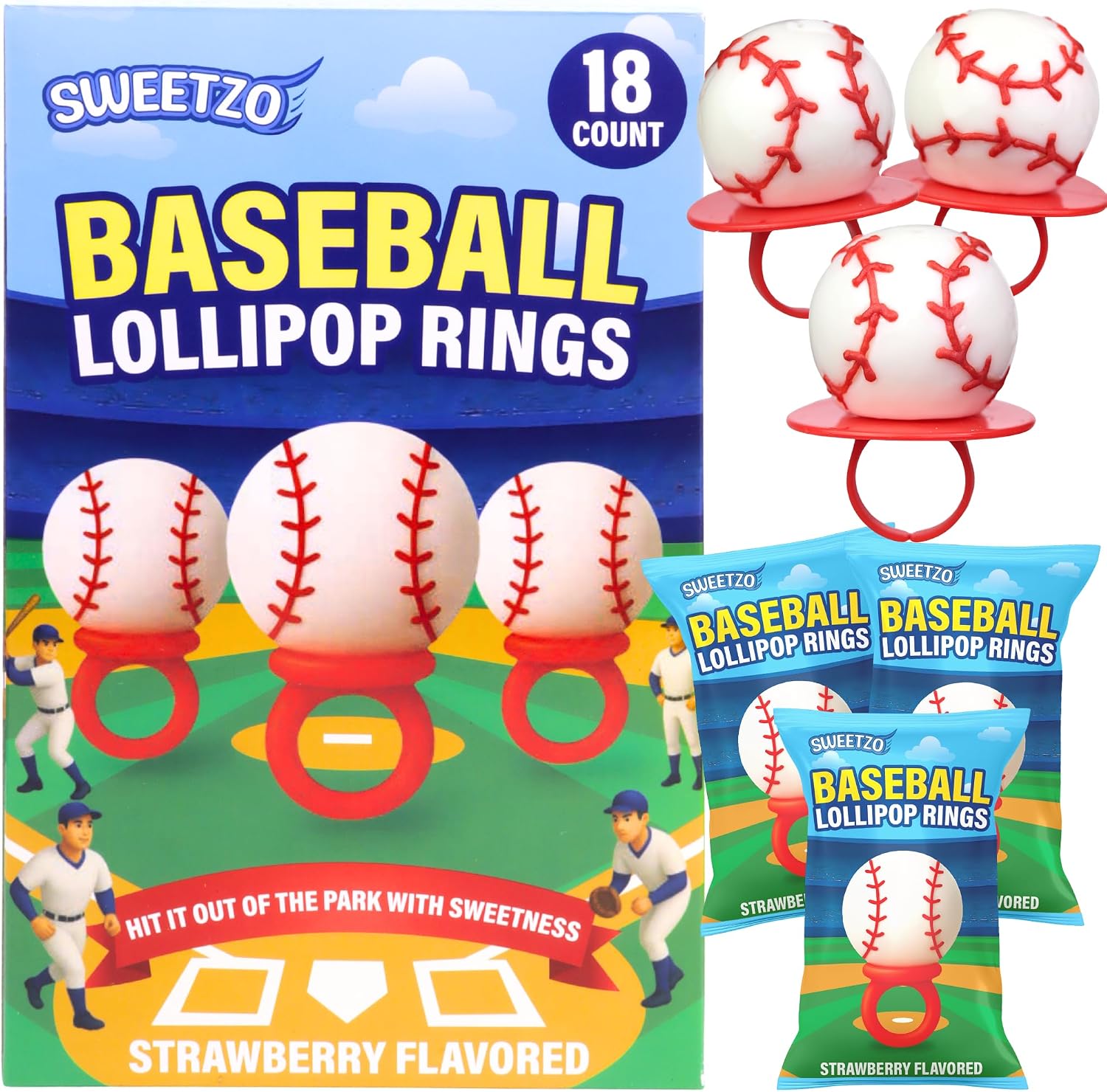 Sweetzo 3D baseball lollipop rings front view display box for sports themed party favors.