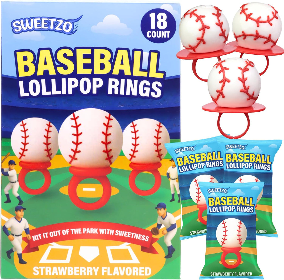 Sweetzo 3D baseball lollipop rings front view display box for sports themed party favors.