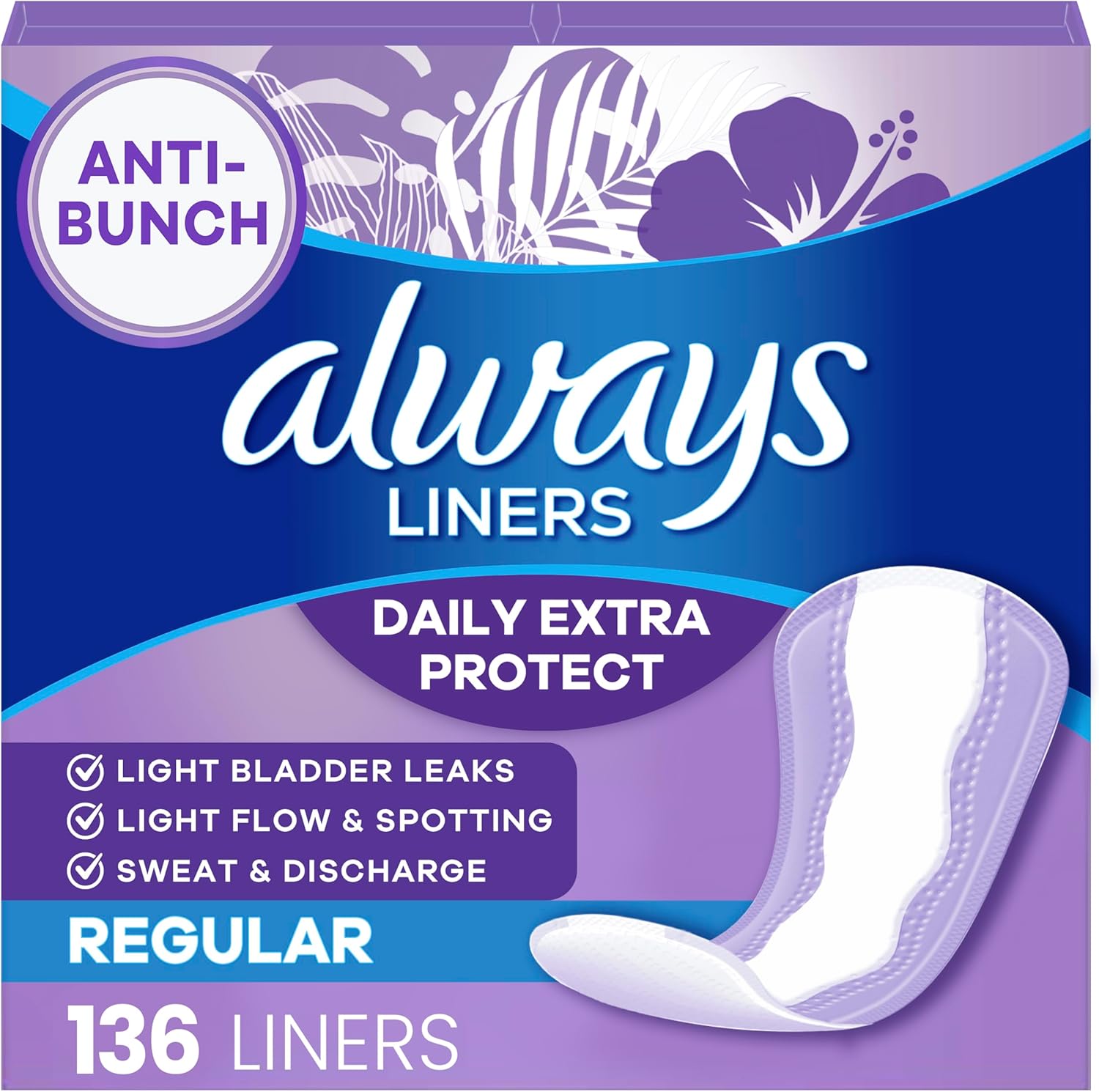 Always Daily Extra Protect Liners, Regular Length, Unscented Panty Liners, 136 Count - Image 1
