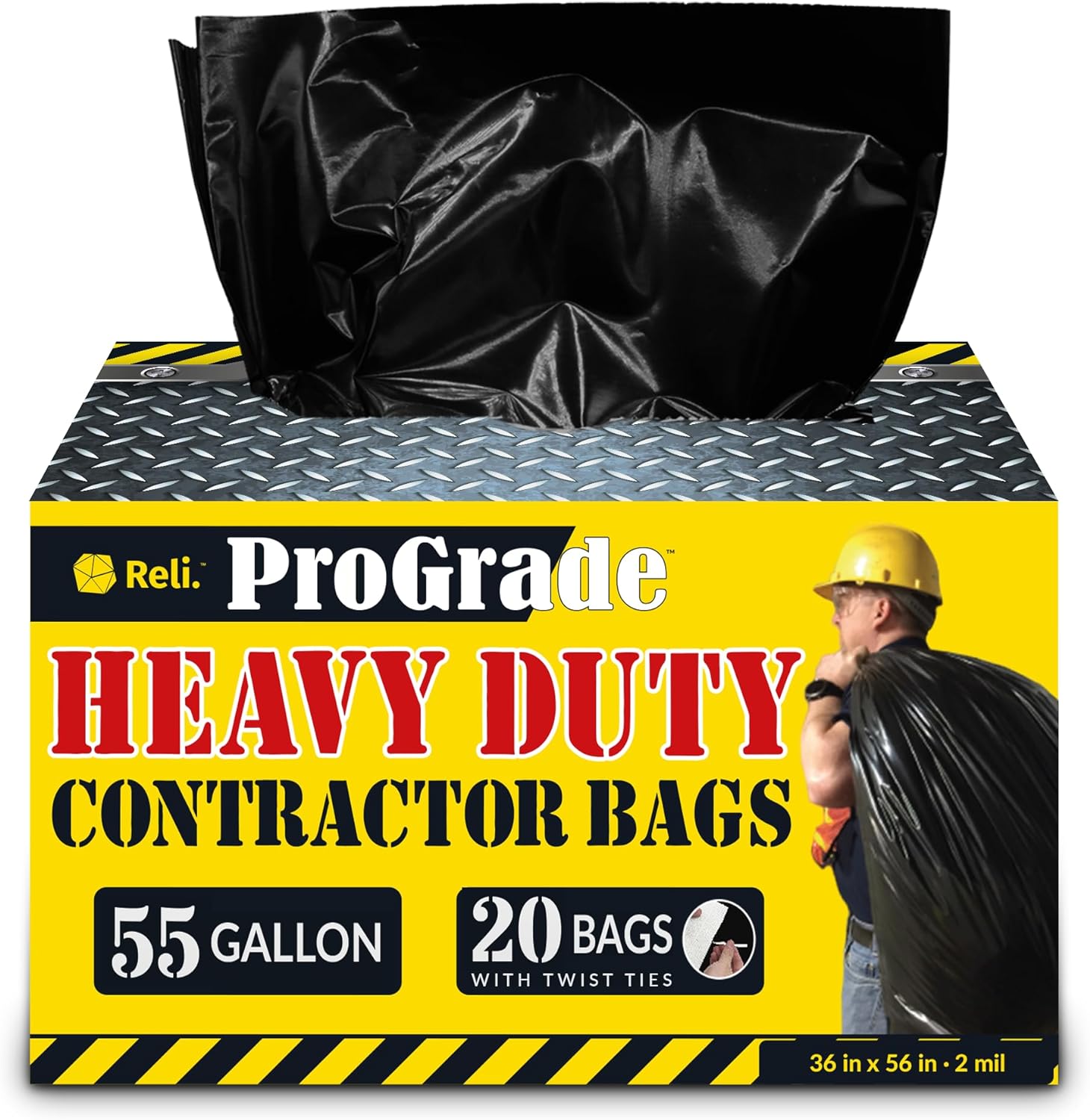 Reli ProGrade Contractor Trash Bags front view packaging box showcasing 55 gallon capacity heavy duty black garbage bags.