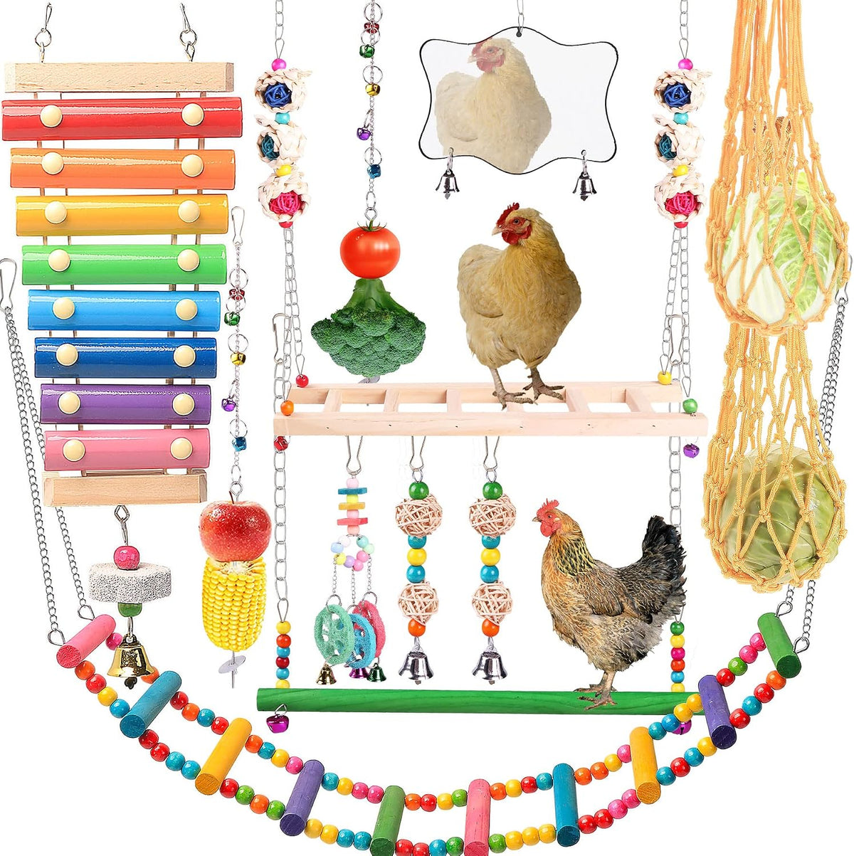 Hanging chicken mirror toy with protective backing for poultry mental stimulation