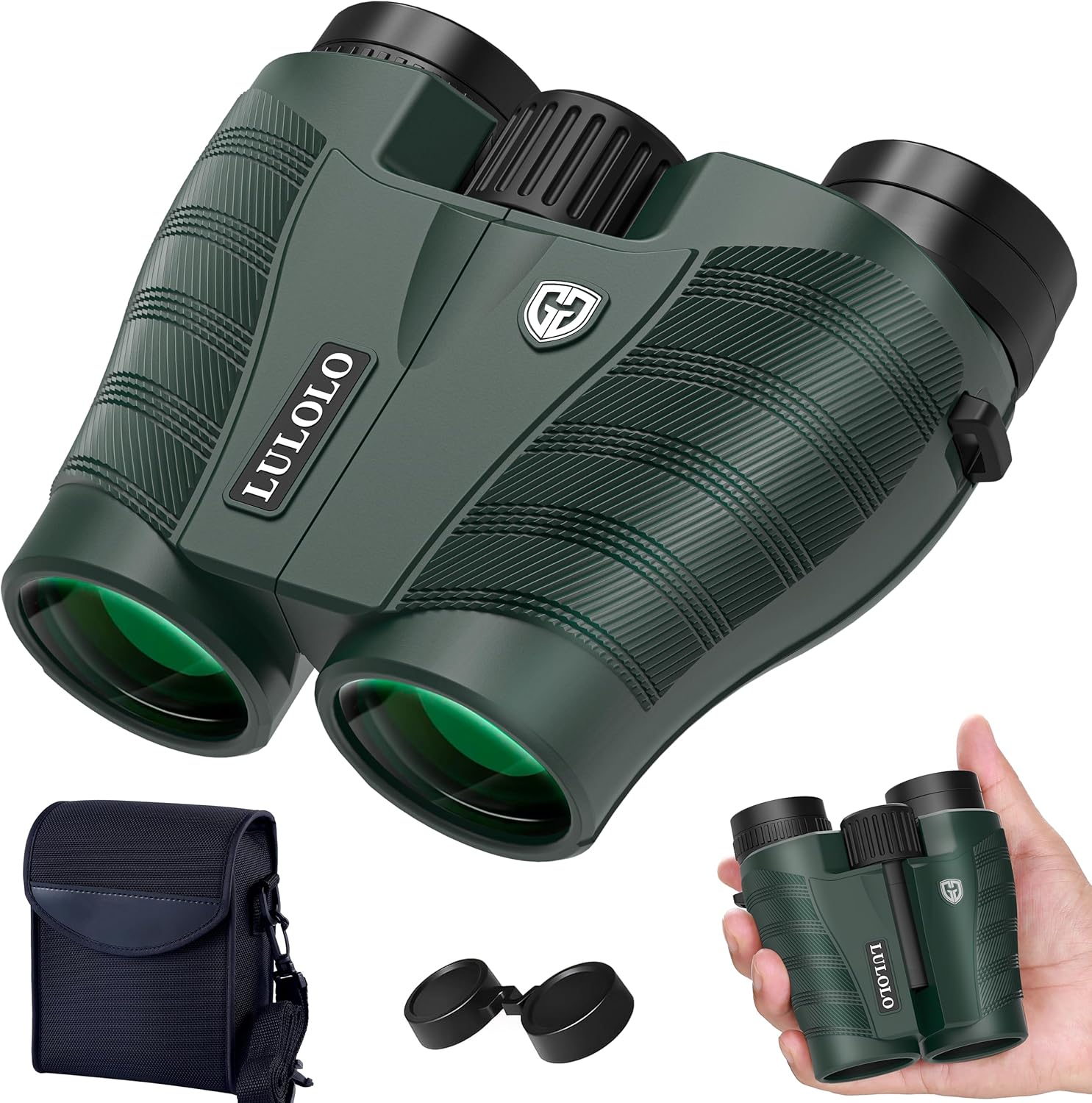 LULOLO 25x32 UHD compact binoculars front view showing dark green finish and lenses
