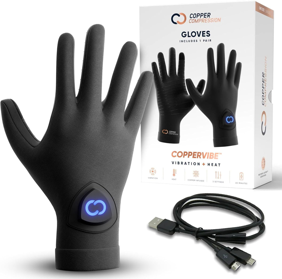 Copper Compression CopperVibe heated hand massage gloves front view showing sleek black copper-infused fabric