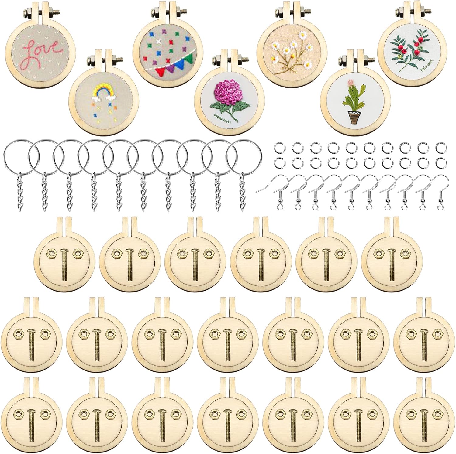 ZOCONE 20 Packs Mini Embroidery Hoops, Small Ring Tiny Embroidery Hoops with Keychain Earring Hooks Jump Rings, Round Wood Hoops for DIY Embroidery Necklace Jewelry Pendant and Keychain - Image 1