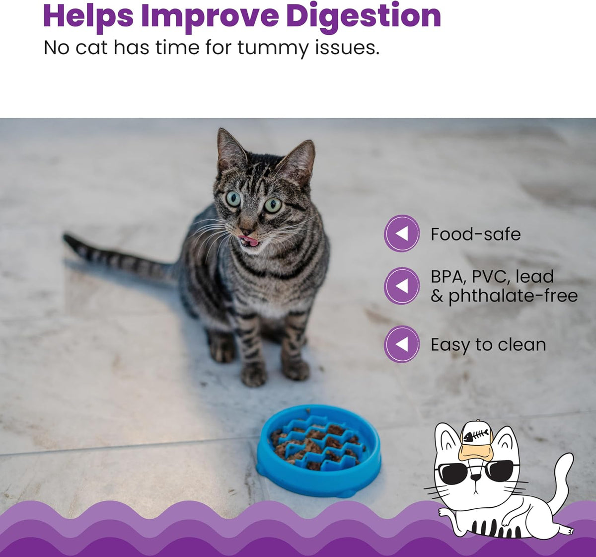 Cat using blue Catstages slow feeder bowl for dry food