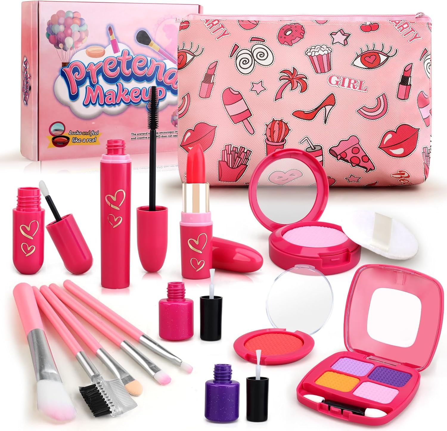 Woumserta pretend makeup kit front view showing the red cosmetic bag and non toxic fake toys