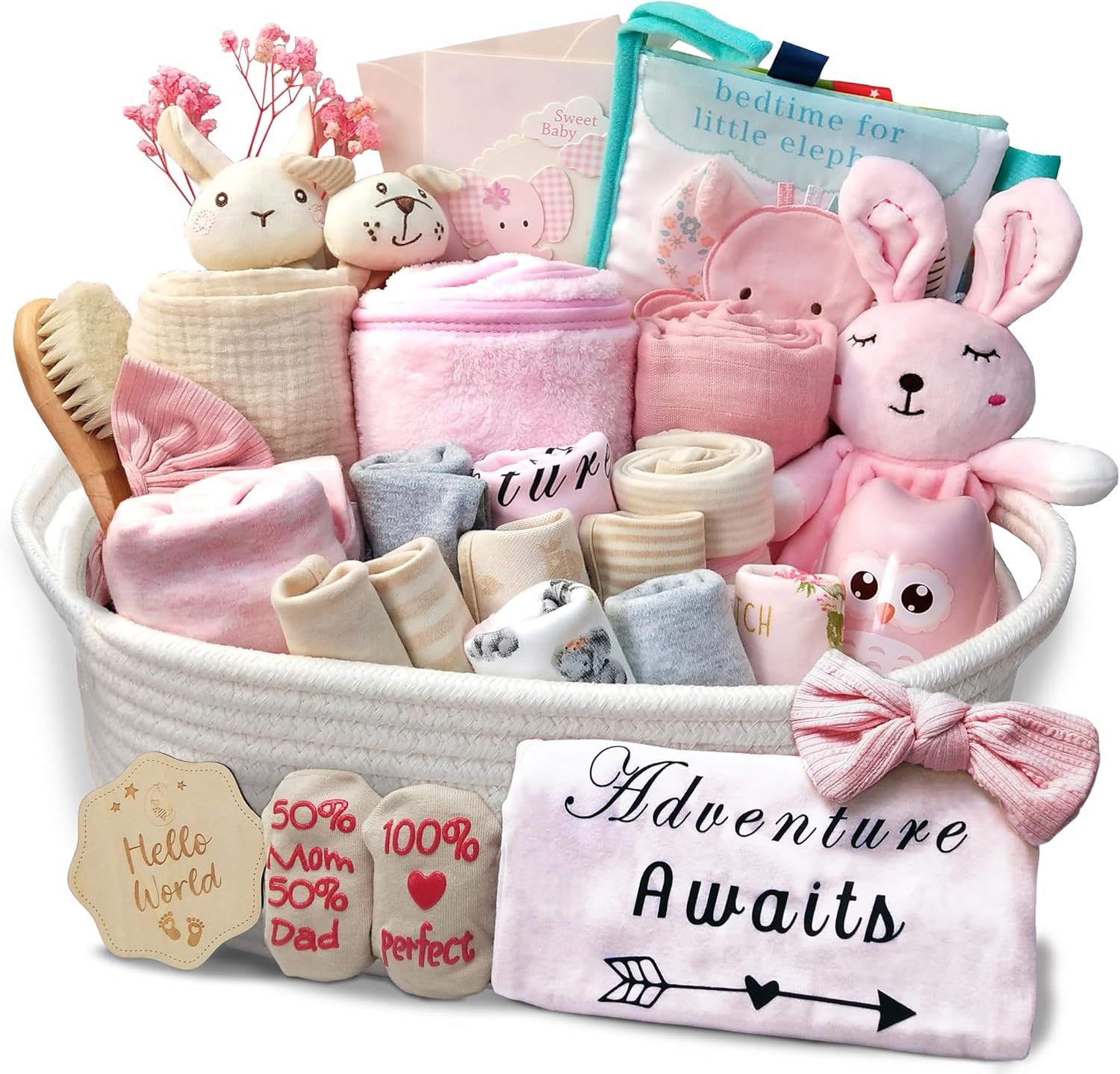 Kipwake baby girl shower gift basket set front view showing pink newborn essentials