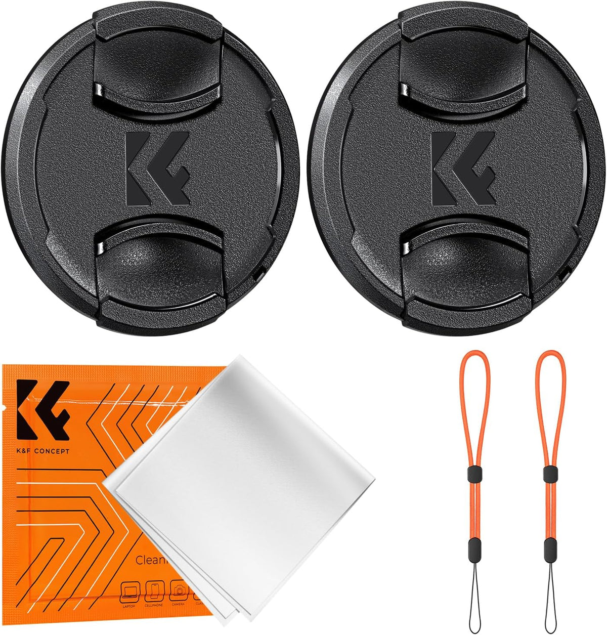 K&F Concept 67mm Front Lens Cap Cover Kit front view showing two center pinch caps and accessories