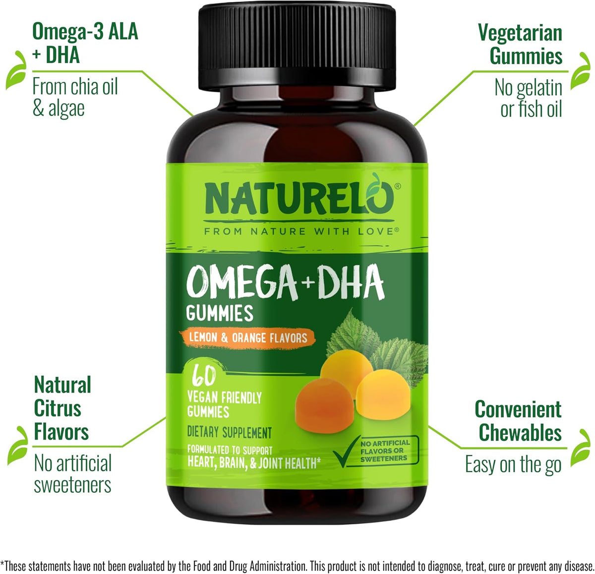 Naturelo plant-based omega 3 supplement bottle back label nutritional facts