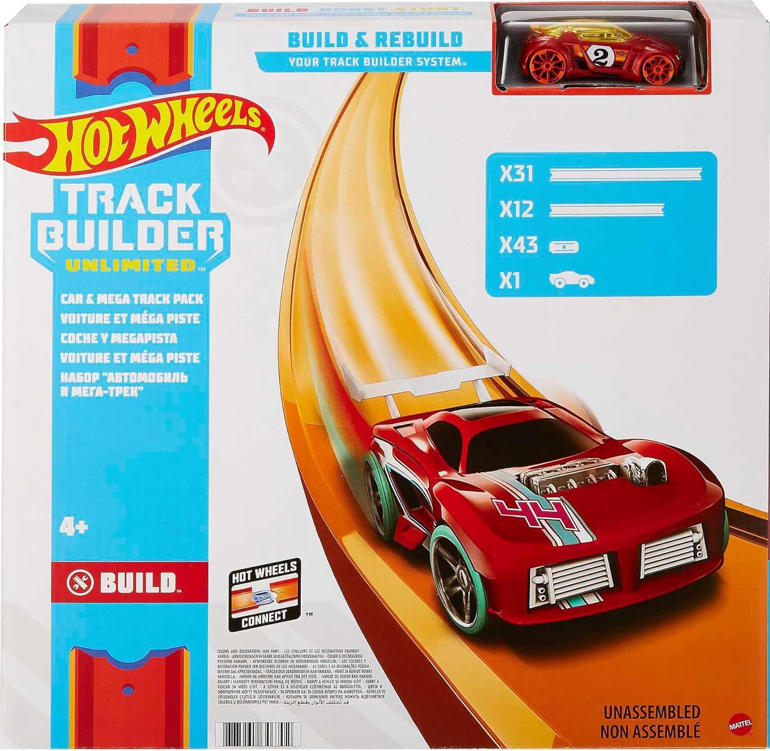 Hot Wheels Toy Car Mega Track Set Pack, 87 Component Building Parts for 40-ft of Track & 1:64 Scale Vehicle - Image 1