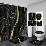 Nkzply black marble shower curtain set front view showcasing abstract gold vein bathroom decor.