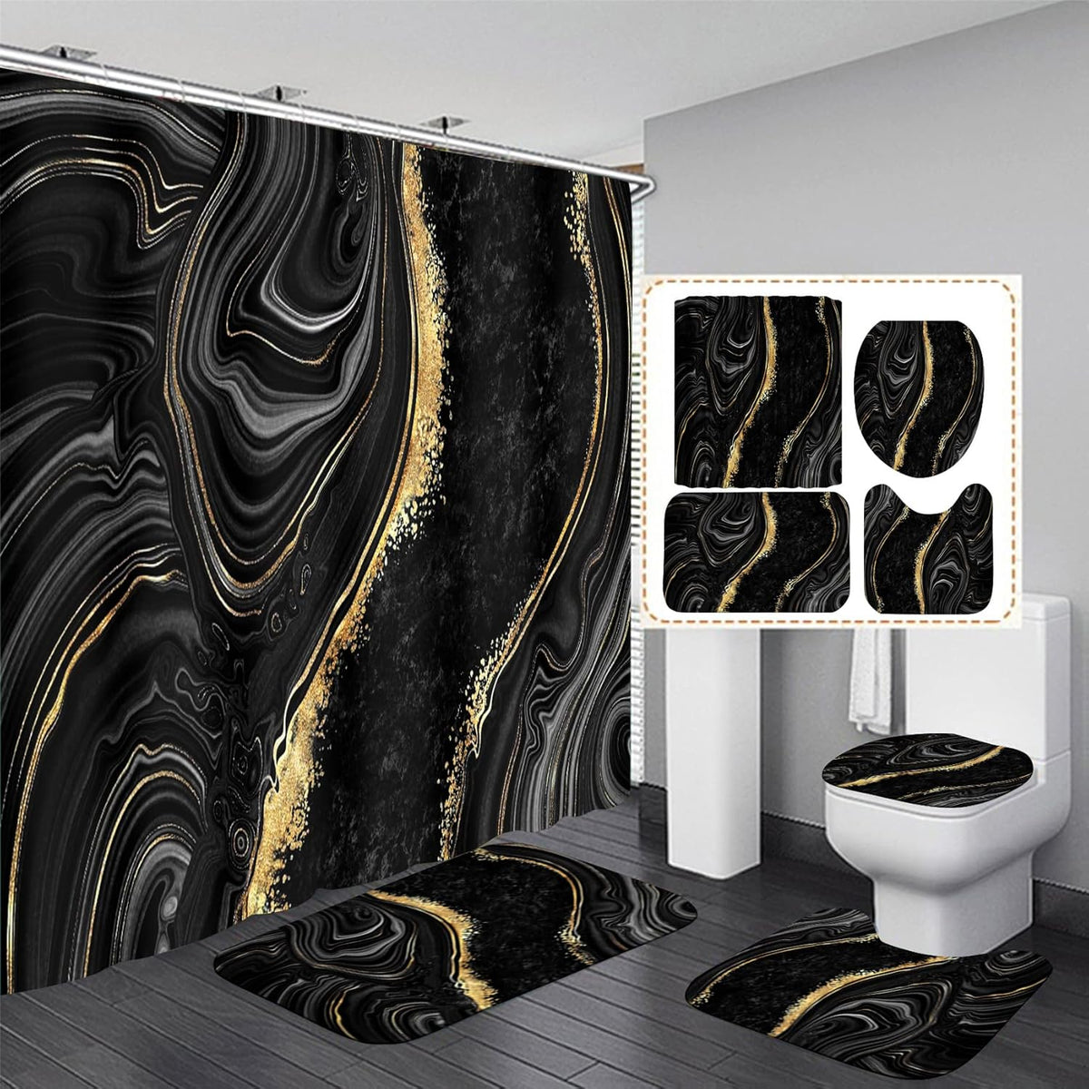 Nkzply black marble shower curtain set front view showcasing abstract gold vein bathroom decor.
