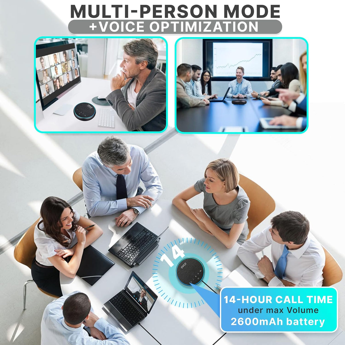 Pyle portable speakerphone connected to laptop for office meetings