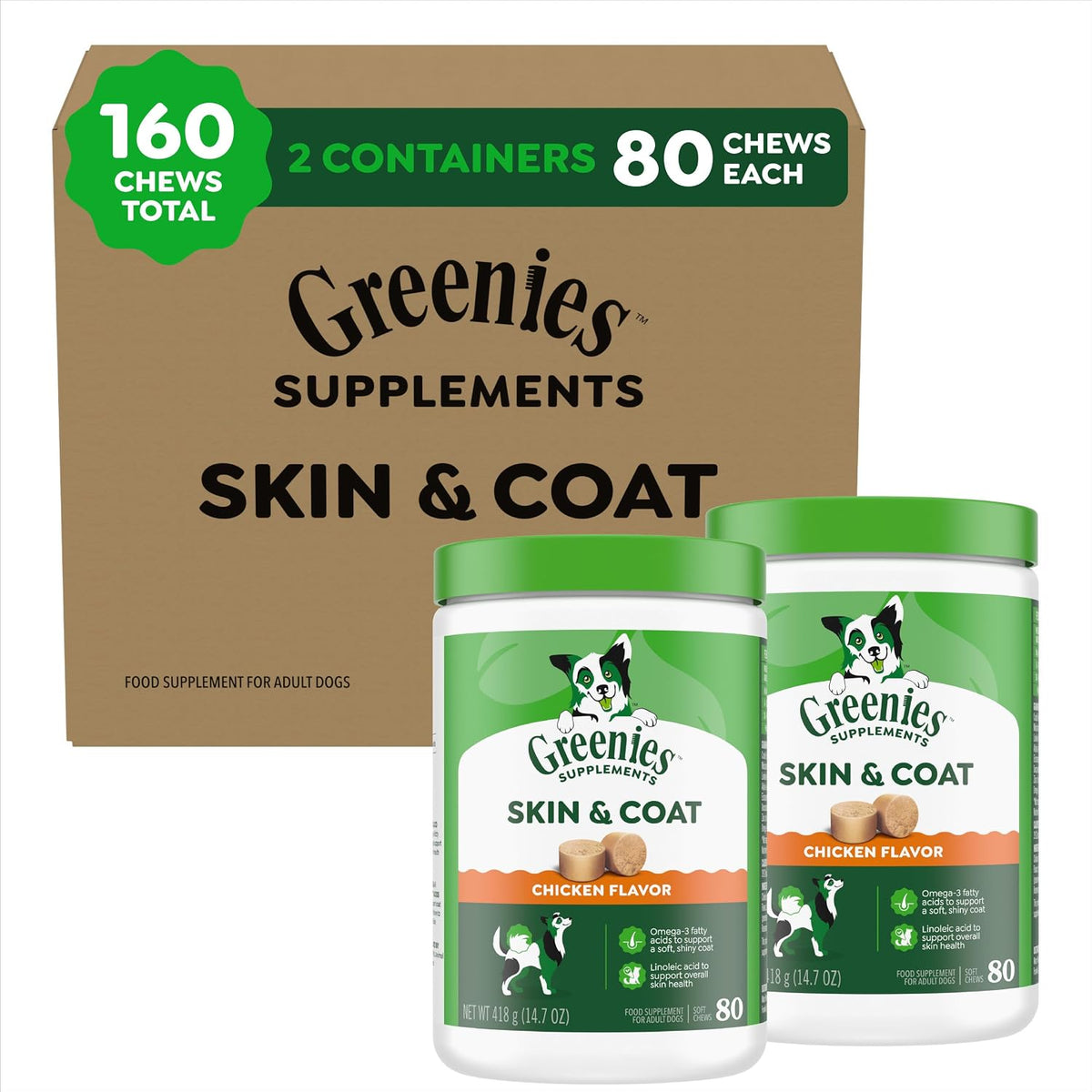 Greenies dog skin and coat supplement chicken chews front view container