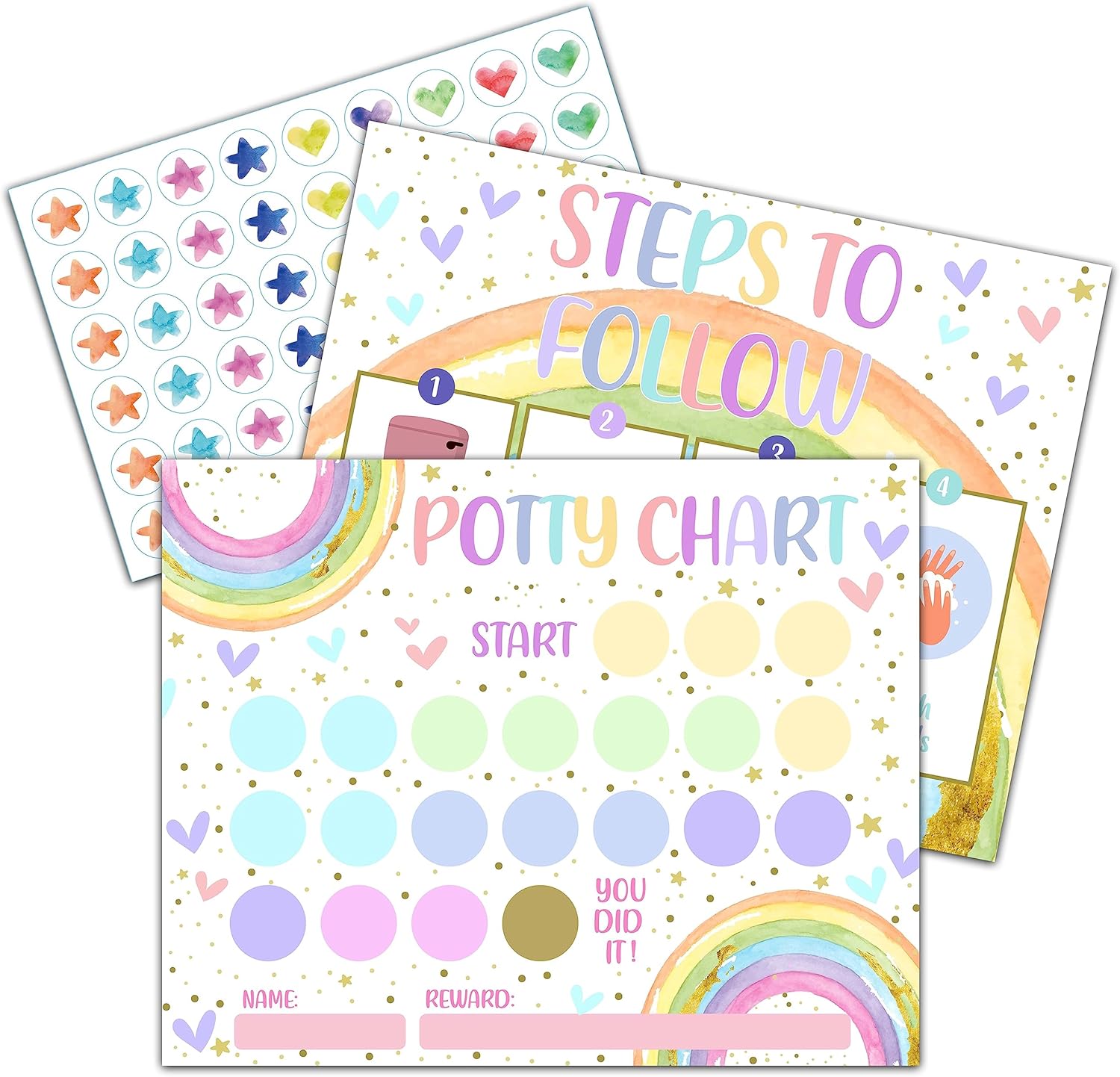 TIRYWT rainbow potty training sticker chart set front view showing ten reward boards and colorful stickers.