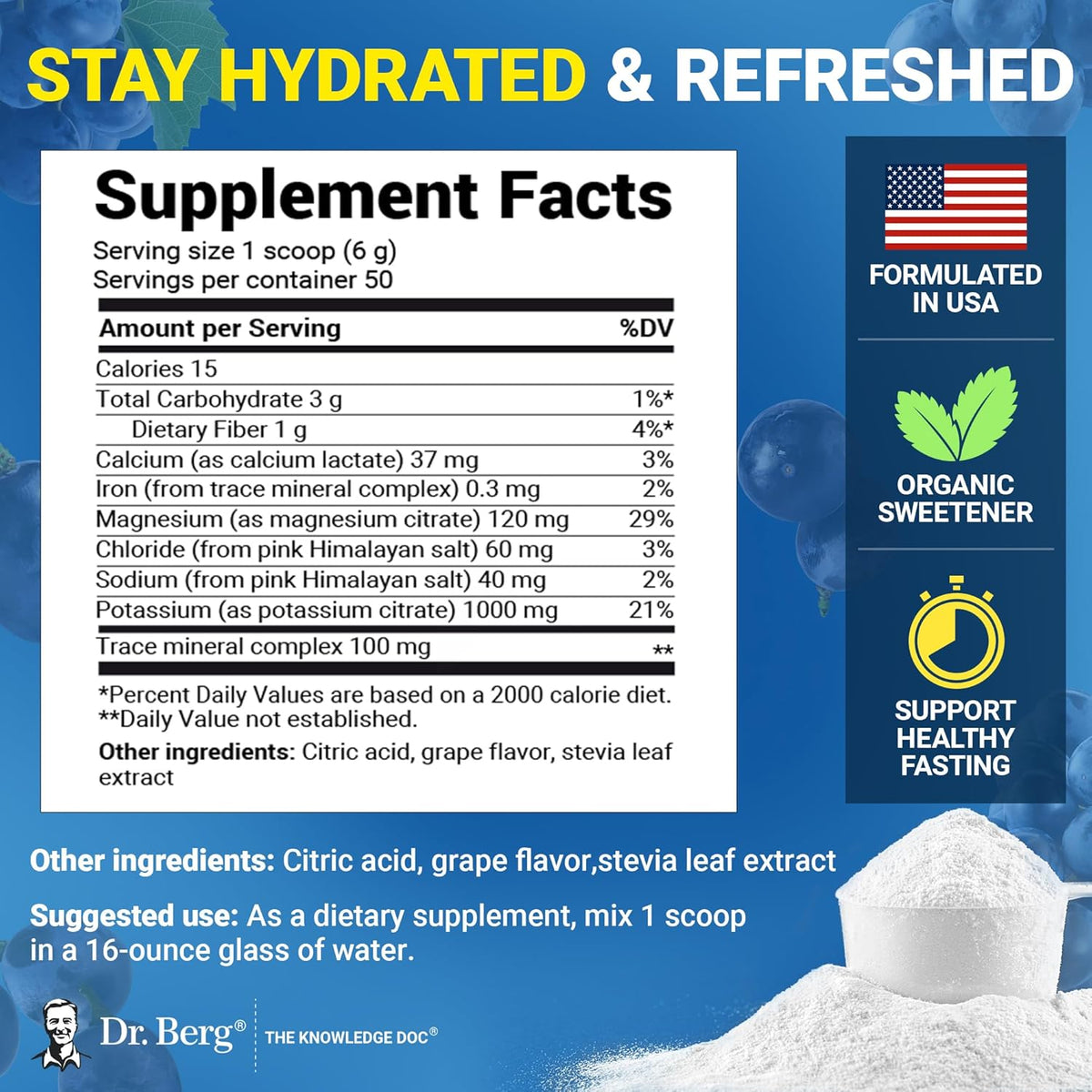Side view of Dr. Berg hydration supplement showcasing the clean zero sugar ingredients panel.